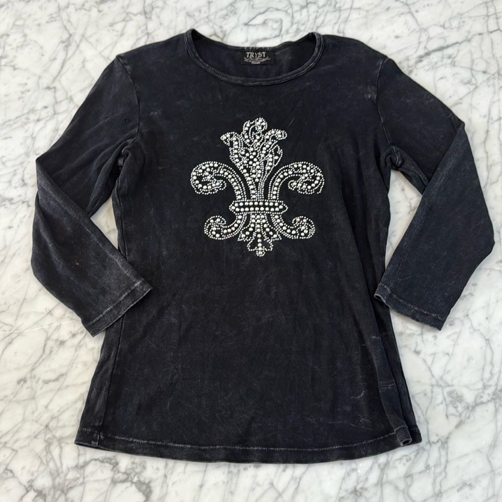 Vintage Tryst by Mathew Shirt Embellished Fleur De Lis Rhinestones Sz M Women’s
